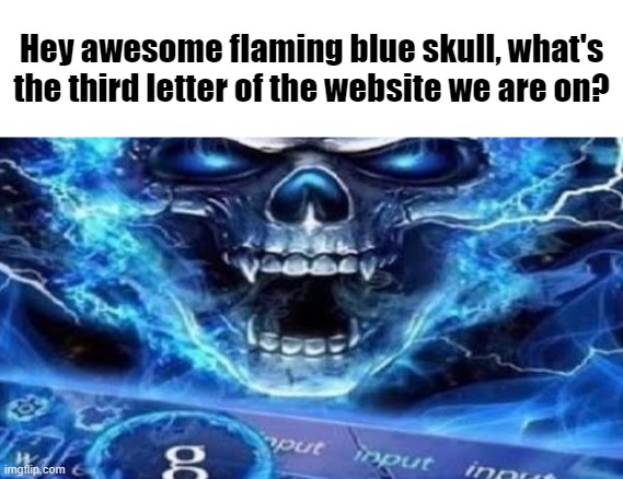 My humor is complex | Hey awesome flaming blue skull, what's the third letter of the website we are on? | made w/ Imgflip meme maker