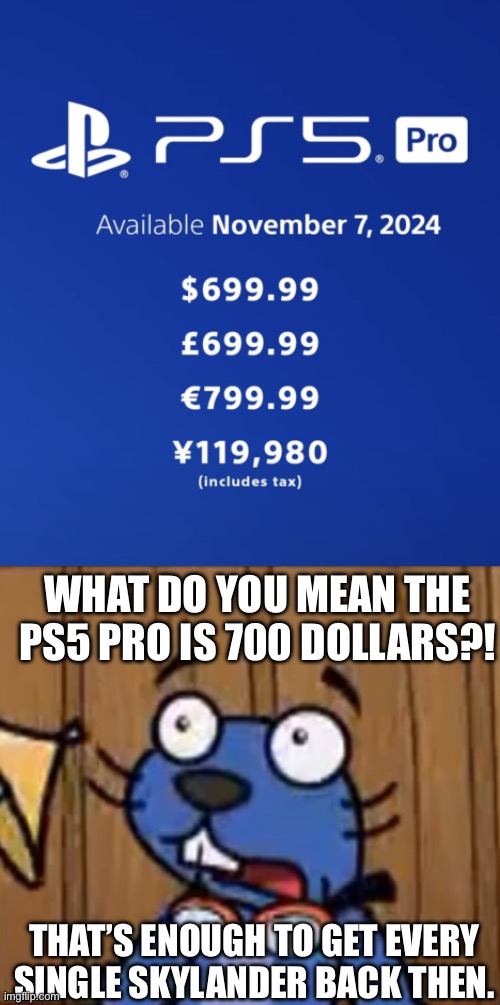 WHAT DO YOU MEAN THE PS5 PRO IS 700 DOLLARS?! THAT’S ENOUGH TO GET EVERY SINGLE SKYLANDER BACK THEN. | image tagged in shocked otter | made w/ Imgflip meme maker