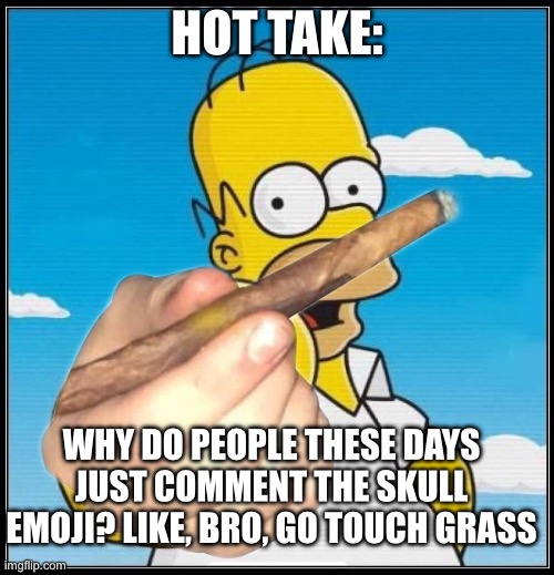 let the controversy begin | HOT TAKE:; WHY DO PEOPLE THESE DAYS JUST COMMENT THE SKULL EMOJI? LIKE, BRO, GO TOUCH GRASS | image tagged in homer simpson ultimate | made w/ Imgflip meme maker