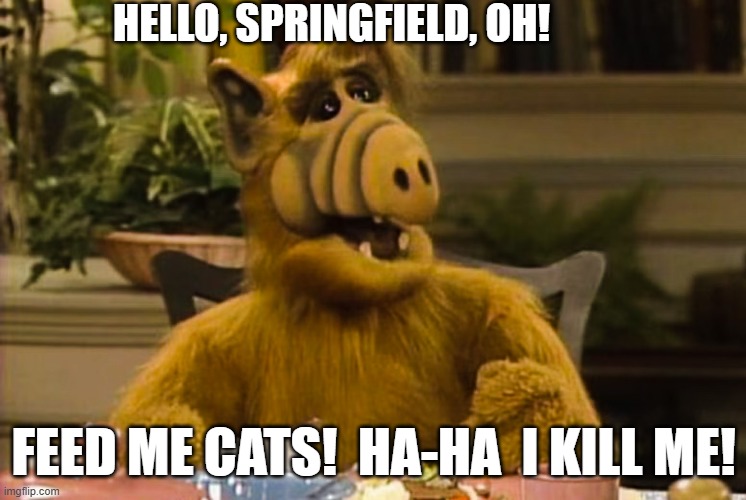 ALF calls up Springfield, OH | HELLO, SPRINGFIELD, OH! FEED ME CATS!  HA-HA  I KILL ME! | image tagged in alf | made w/ Imgflip meme maker