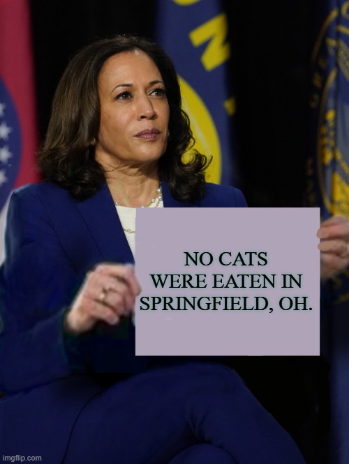 No Cats Were Eaten in Springfield,OH | NO CATS WERE EATEN IN SPRINGFIELD, OH. | image tagged in kamala harris holding sign | made w/ Imgflip meme maker