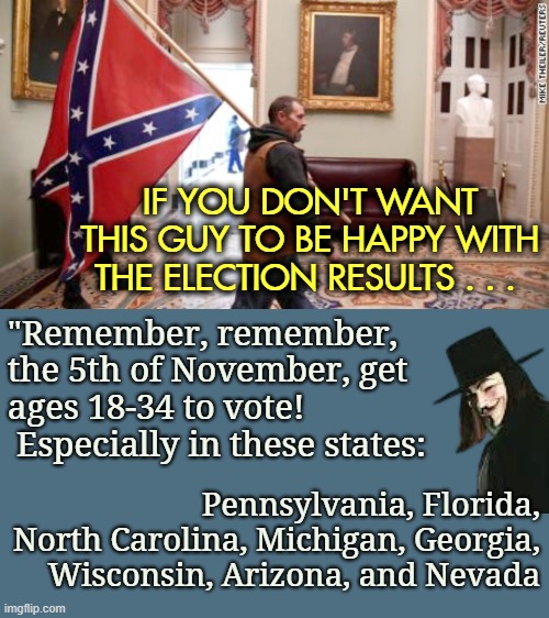 The Electoral College is the #1 concern (like in 2016) | IF YOU DON'T WANT THIS GUY TO BE HAPPY WITH THE ELECTION RESULTS . . . "Remember, remember, the 5th of November, get ages 18-34 to vote!      Especially in these states:; Pennsylvania, Florida, North Carolina, Michigan, Georgia, Wisconsin, Arizona, and Nevada | image tagged in election,kamala harris,democrat,electoral college,vote,election 2016 | made w/ Imgflip meme maker