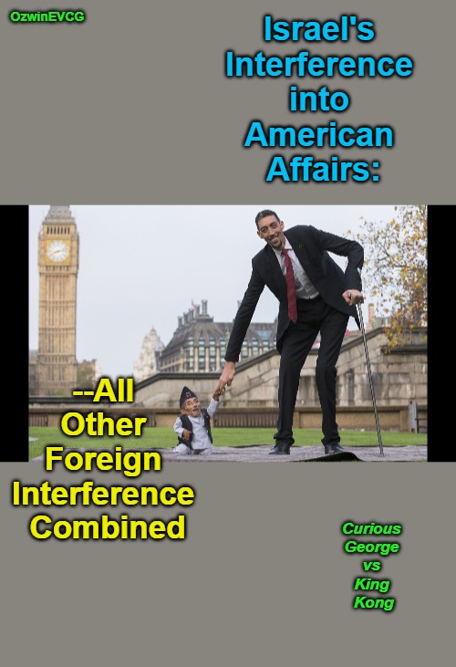 NONgoogle..... Yes China; Yes Russia; Yes More But Israel's the Biggest Offender by Far .....That | OzwinEVCG; Israel's 

Interference 

into 

American 

Affairs:; --All 

Other 

Foreign 

Interference 

Combined; Curious 

George 

vs 

King 

Kong | image tagged in tall man and small guy,foreign,israel,subversion,maga,america first | made w/ Imgflip meme maker