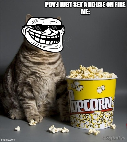 POV:i set a house on fire | POV:I JUST SET A HOUSE ON FIRE
ME: | image tagged in cat eating popcorn | made w/ Imgflip meme maker