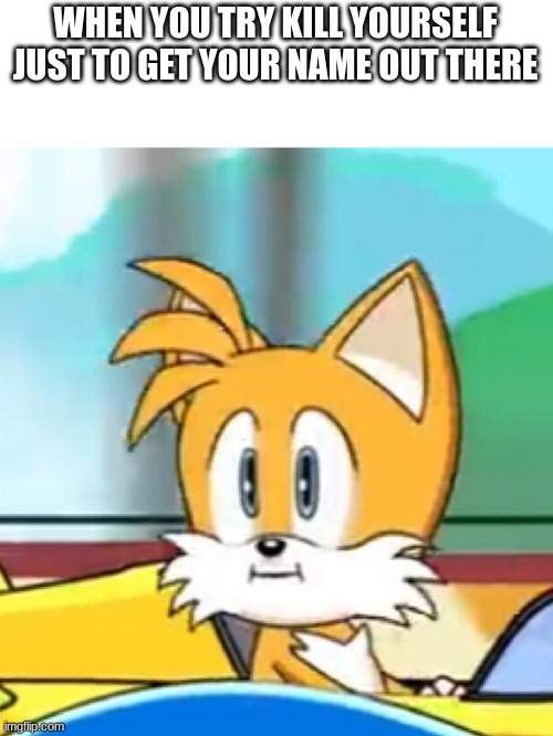 Tails hold up | WHEN YOU TRY KILL YOURSELF JUST TO GET YOUR NAME OUT THERE | image tagged in tails hold up | made w/ Imgflip meme maker