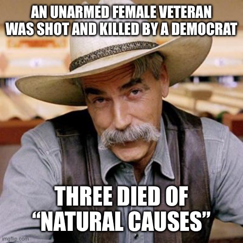 SARCASM COWBOY | AN UNARMED FEMALE VETERAN WAS SHOT AND KILLED BY A DEMOCRAT THREE DIED OF “NATURAL CAUSES” | image tagged in sarcasm cowboy | made w/ Imgflip meme maker