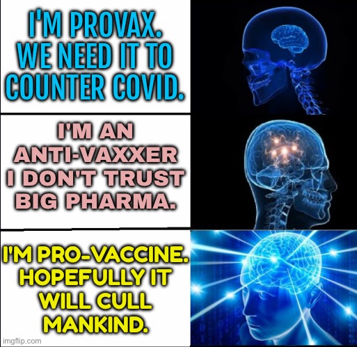 I'm Pro-Vaccine. Hopefully It Will Cull Mankind. | I'M PROVAX. WE NEED IT TO
COUNTER COVID. I'M AN
ANTI-VAXXER
I DON'T TRUST
BIG PHARMA. I'M PRO-VACCINE.
HOPEFULLY IT
WILL CULL
MANKIND. | image tagged in galaxy brain 3 brains,vaccines,covid vaccine,anti-vaxx,anti-overpopulation,overpopulation | made w/ Imgflip meme maker