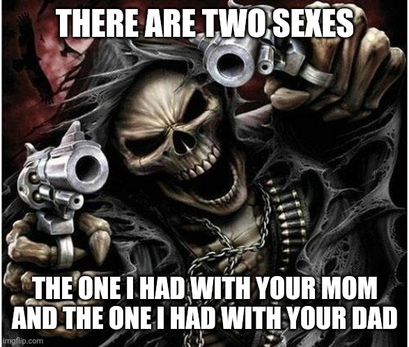 Badass Skeleton | THERE ARE TWO SEXES; THE ONE I HAD WITH YOUR MOM AND THE ONE I HAD WITH YOUR DAD | image tagged in badass skeleton | made w/ Imgflip meme maker