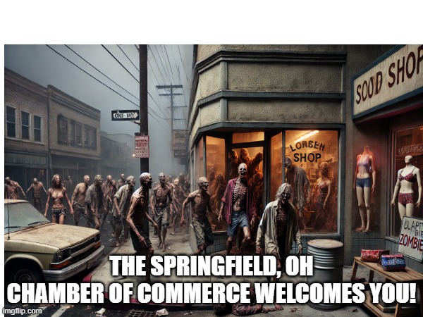 Zombies in Springfield | THE SPRINGFIELD, OH CHAMBER OF COMMERCE WELCOMES YOU! | image tagged in springfield,immigration,immigrants,trump,kamala | made w/ Imgflip meme maker