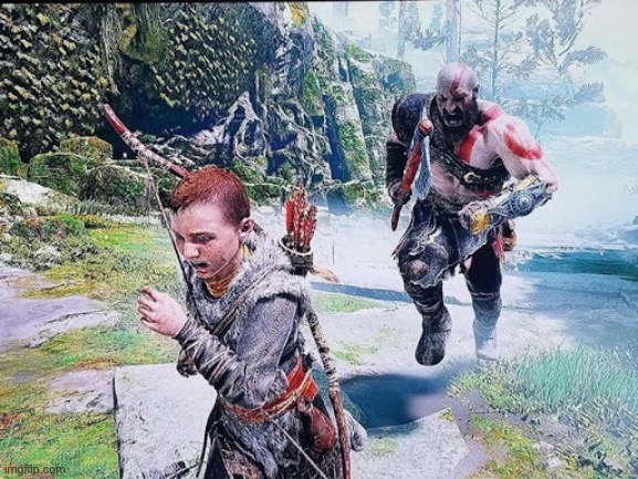 Kratos chasing Atreus | image tagged in kratos chasing atreus | made w/ Imgflip meme maker