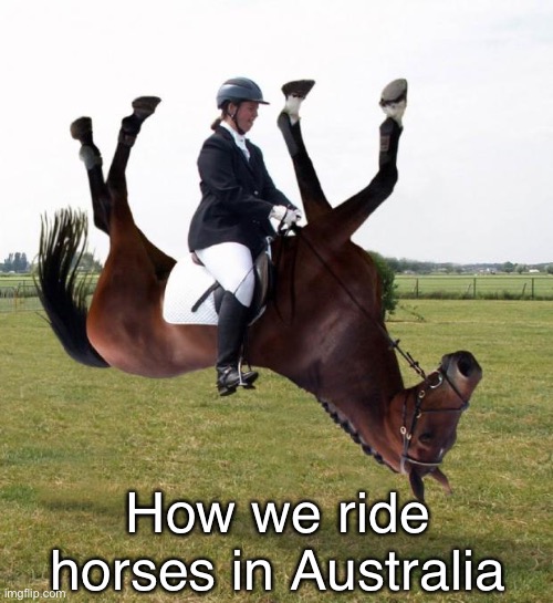 Horse upside down | How we ride horses in Australia | image tagged in horse upside down | made w/ Imgflip meme maker