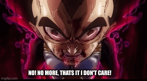 AND THEN SOMETHING SNAPPED, SOMETHING INSIDE OF ME! | NO! NO MORE, THATS IT I DON'T CARE! | image tagged in gifs,vegeta,dragon ball z,dragon ball,dragon ball super | made w/ Imgflip images-to-gif maker