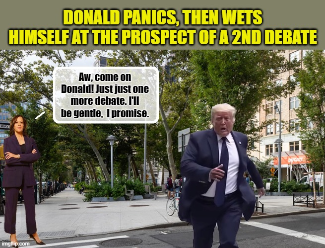 Run Donald Run | DONALD PANICS, THEN WETS HIMSELF AT THE PROSPECT OF A 2ND DEBATE; Aw, come on Donald! Just just one more debate. I'll be gentle,  I promise. | image tagged in donald trump the clown,donald trump is an idiot,donald trump memes,political humor | made w/ Imgflip meme maker