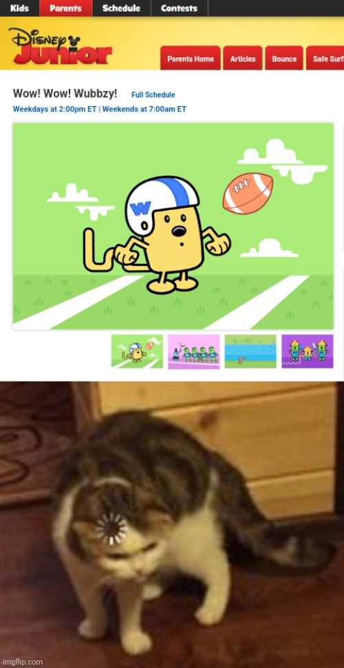 the fact that Disney Junior used to air Wubbzy in Canada... | image tagged in loading cat,wubbzy,disney junior,what,canada | made w/ Imgflip meme maker