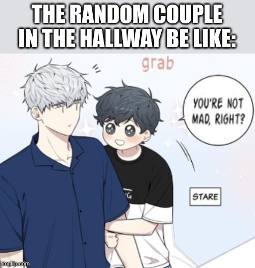 Stop doing this at school | THE RANDOM COUPLE IN THE HALLWAY BE LIKE: | image tagged in you're not mad right | made w/ Imgflip meme maker