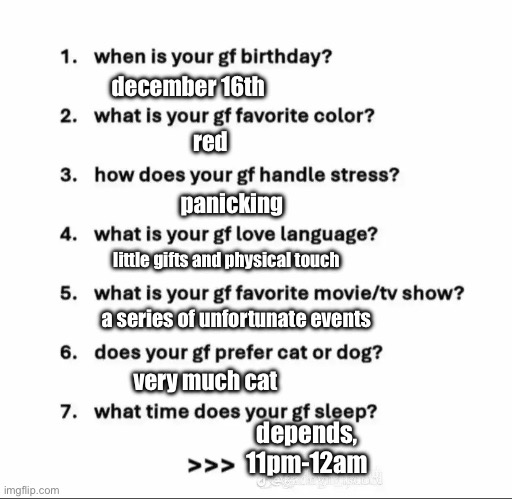 answering in past tense :( | december 16th; red; panicking; little gifts and physical touch; a series of unfortunate events; very much cat; depends, 11pm-12am | image tagged in girlfriend questions,sad,lesbian,lesbian problems pls save me | made w/ Imgflip meme maker