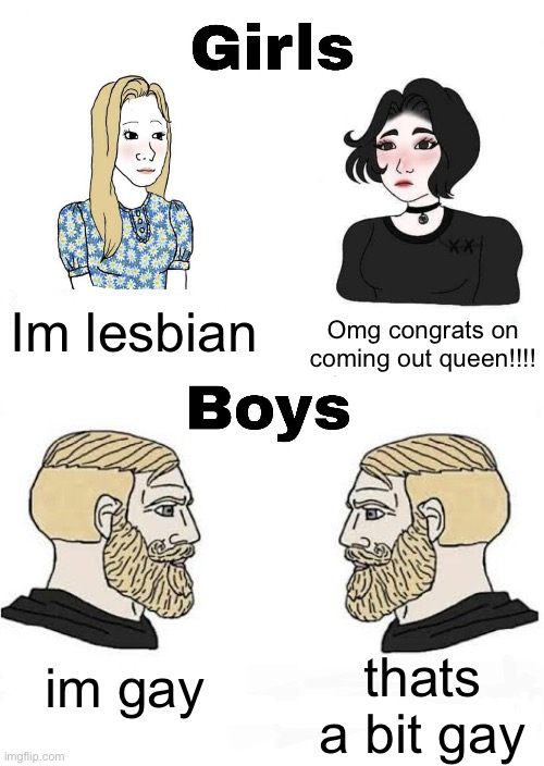 gae | Im lesbian; Omg congrats on coming out queen!!!! im gay; thats a bit gay | image tagged in girls vs boys | made w/ Imgflip meme maker