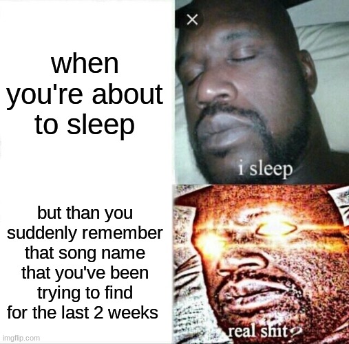 you always remember everything right before about to fall asleep T_T | when you're about to sleep; but than you suddenly remember that song name that you've been trying to find for the last 2 weeks | image tagged in memes,sleeping shaq,fun,song,meme | made w/ Imgflip meme maker