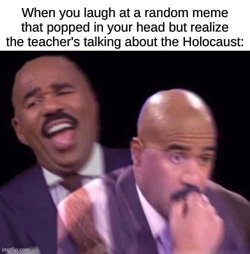 whoops | When you laugh at a random meme that popped in your head but realize the teacher's talking about the Holocaust: | image tagged in steve harvey laughing serious,memes,funny,dark humor | made w/ Imgflip meme maker