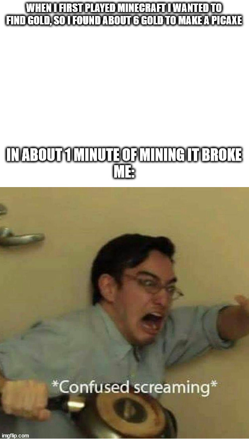 WHY DID MOJANG MAKE THIS BREAK EASIER THEN FREAKING WOOD!!!!!!!!! | WHEN I FIRST PLAYED MINECRAFT I WANTED TO FIND GOLD, SO I FOUND ABOUT 6 GOLD TO MAKE A PICAXE; IN ABOUT 1 MINUTE OF MINING IT BROKE
ME: | image tagged in confused screaming,memes | made w/ Imgflip meme maker