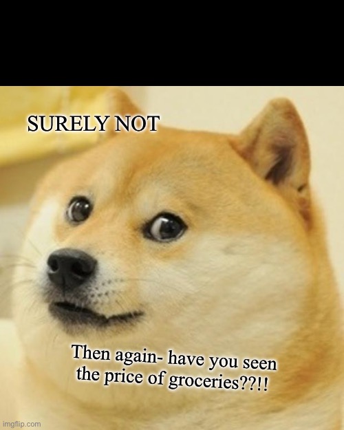 Doge Meme | SURELY NOT; Then again- have you seen the price of groceries??!! | image tagged in memes,doge | made w/ Imgflip meme maker