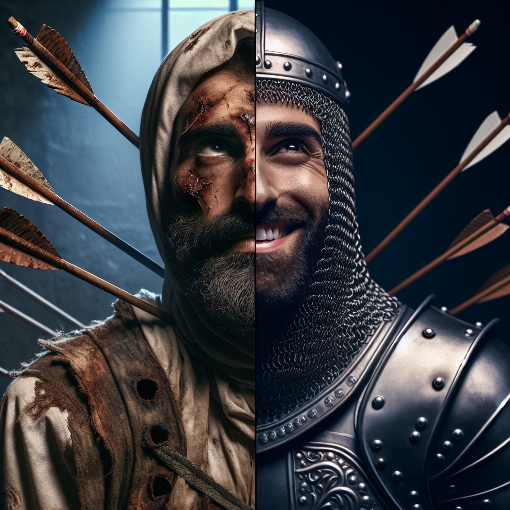 a medieval soldier, with old and rusty armor and with arrows stu Blank Meme Template