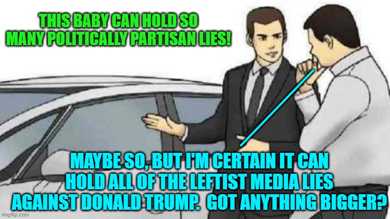 Apparently the empty space between Dem Party voters' ears is vast enough to hold onto all those lies. | THIS BABY CAN HOLD SO MANY POLITICALLY PARTISAN LIES! _____; MAYBE SO, BUT I'M CERTAIN IT CAN HOLD ALL OF THE LEFTIST MEDIA LIES AGAINST DONALD TRUMP.  GOT ANYTHING BIGGER? | image tagged in car salesman slaps roof of car | made w/ Imgflip meme maker