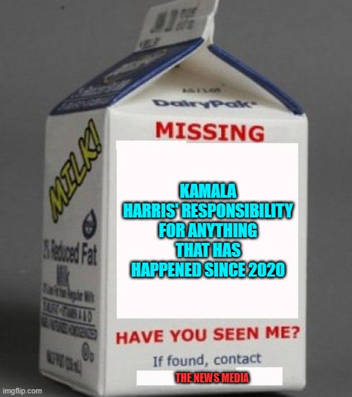 So Dementia Joe Biden is to blame for everything including Kamala saying he's mentally competent? | KAMALA HARRIS' RESPONSIBILITY FOR ANYTHING THAT HAS HAPPENED SINCE 2020; THE NEWS MEDIA | image tagged in milk carton | made w/ Imgflip meme maker