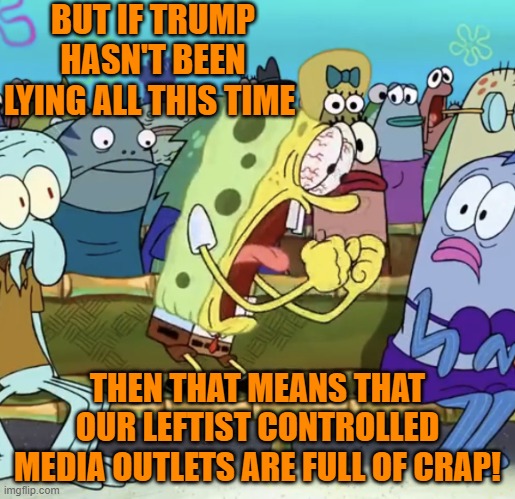 Yep, that's precisely what it means. | BUT IF TRUMP HASN'T BEEN LYING ALL THIS TIME; THEN THAT MEANS THAT OUR LEFTIST CONTROLLED MEDIA OUTLETS ARE FULL OF CRAP! | image tagged in spongebob yelling | made w/ Imgflip meme maker