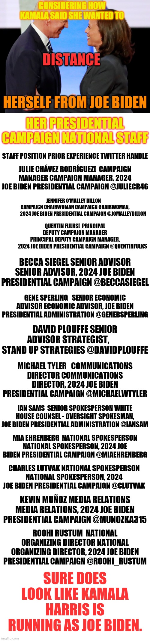 Sure Does Look Like Kamala Harris Is Running As Joe Biden | CONSIDERING HOW KAMALA SAID SHE WANTED TO; DISTANCE; HERSELF FROM JOE BIDEN; HER PRESIDENTIAL CAMPAIGN NATIONAL STAFF; STAFF	POSITION	PRIOR EXPERIENCE	TWITTER HANDLE; JULIE CHÁVEZ RODRÍGUEZ[ 	CAMPAIGN MANAGER	CAMPAIGN MANAGER, 2024 JOE BIDEN PRESIDENTIAL CAMPAIGN	@JULIECR46; JENNIFER O'MALLEY DILLON    CAMPAIGN CHAIRWOMAN	CAMPAIGN CHAIRWOMAN,                  2024 JOE BIDEN PRESIDENTIAL CAMPAIGN	@JOMALLEYDILLON; QUENTIN FULKS[ 	PRINCIPAL DEPUTY CAMPAIGN MANAGER	PRINCIPAL DEPUTY CAMPAIGN MANAGER,                2024 JOE BIDEN PRESIDENTIAL CAMPAIGN	@QUENTINFULKS; BECCA SIEGEL SENIOR ADVISOR	SENIOR ADVISOR, 2024 JOE BIDEN PRESIDENTIAL CAMPAIGN	@BECCASIEGEL; GENE SPERLING   SENIOR ECONOMIC ADVISOR	ECONOMIC ADVISOR, JOE BIDEN PRESIDENTIAL ADMINISTRATION	@GENEBSPERLING; DAVID PLOUFFE SENIOR ADVISOR	STRATEGIST,         STAND UP STRATEGIES	@DAVIDPLOUFFE; MICHAEL TYLER   COMMUNICATIONS DIRECTOR	COMMUNICATIONS DIRECTOR, 2024 JOE BIDEN PRESIDENTIAL CAMPAIGN	@MICHAELWTYLER; IAN SAMS 	SENIOR SPOKESPERSON	WHITE HOUSE COUNSEL - OVERSIGHT SPOKESMAN, JOE BIDEN PRESIDENTIAL ADMINISTRATION	@IANSAM; MIA EHRENBERG  NATIONAL SPOKESPERSON	NATIONAL SPOKESPERSON, 2024 JOE BIDEN PRESIDENTIAL CAMPAIGN	@MIAEHRENBERG; CHARLES LUTVAK NATIONAL SPOKESPERSON	NATIONAL SPOKESPERSON, 2024 JOE BIDEN PRESIDENTIAL CAMPAIGN	@CLUTVAK; KEVIN MUÑOZ MEDIA RELATIONS	MEDIA RELATIONS, 2024 JOE BIDEN PRESIDENTIAL CAMPAIGN	@MUNOZKA315; ROOHI RUSTUM  NATIONAL ORGANIZING DIRECTOR	NATIONAL ORGANIZING DIRECTOR, 2024 JOE BIDEN PRESIDENTIAL CAMPAIGN	@ROOHI_RUSTUM; SURE DOES LOOK LIKE KAMALA HARRIS IS RUNNING AS JOE BIDEN. | image tagged in memes,politics,kamala harris,running,joe biden,staff | made w/ Imgflip meme maker