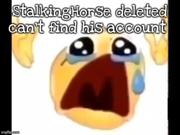 cursed crying emoji | StalkingHorse deleted can't find his account | image tagged in cursed crying emoji | made w/ Imgflip meme maker