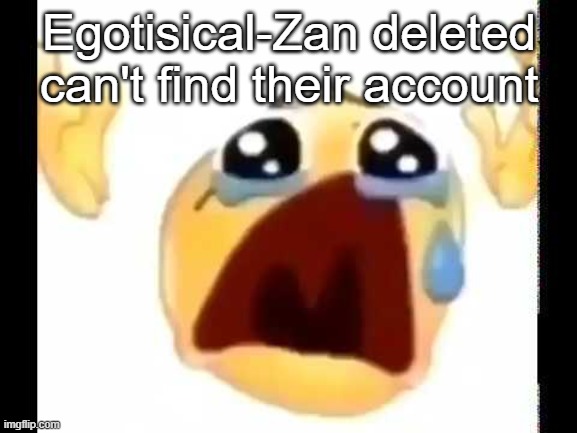 cursed crying emoji | Egotisical-Zan deleted can't find their account | image tagged in cursed crying emoji | made w/ Imgflip meme maker