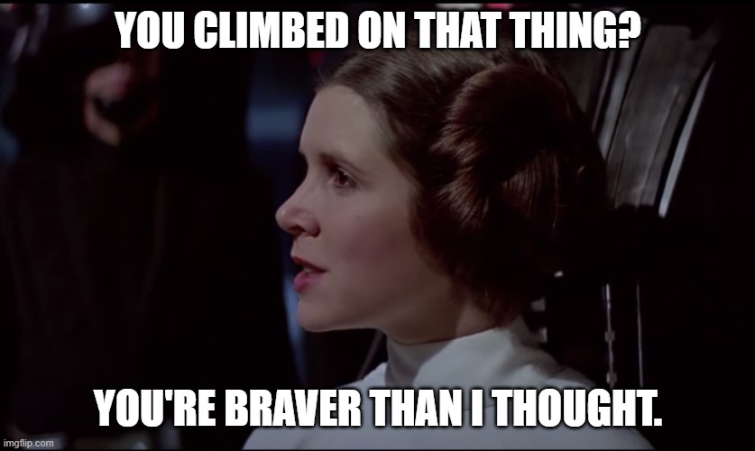 Princess Leia Tighten Grip | YOU CLIMBED ON THAT THING? YOU'RE BRAVER THAN I THOUGHT. | image tagged in princess leia tighten grip | made w/ Imgflip meme maker