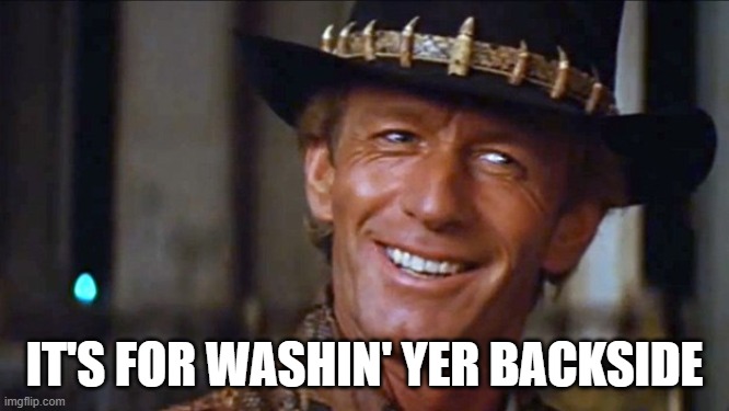 Crocodile Dundee | IT'S FOR WASHIN' YER BACKSIDE | image tagged in crocodile dundee | made w/ Imgflip meme maker