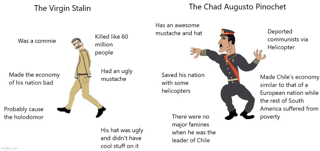 The virgin Stalin vs the chad Augusto Pinochet | image tagged in virgin vs chad | made w/ Imgflip meme maker