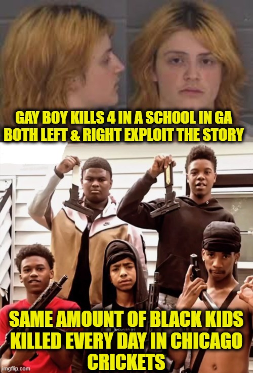 Selective hearing | GAY BOY KILLS 4 IN A SCHOOL IN GA
BOTH LEFT & RIGHT EXPLOIT THE STORY; SAME AMOUNT OF BLACK KIDS
KILLED EVERY DAY IN CHICAGO
CRICKETS | image tagged in politics | made w/ Imgflip meme maker