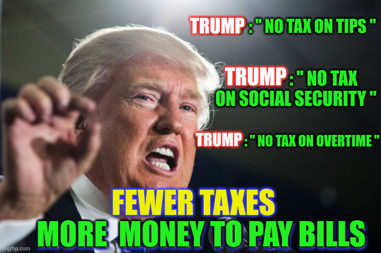 My Cash in my hand for MY bills | TRUMP; TRUMP : " NO TAX ON TIPS "; TRUMP : " NO TAX ON SOCIAL SECURITY "; TRUMP; TRUMP    : " NO TAX ON OVERTIME "; TRUMP; FEWER TAXES    MORE  MONEY TO PAY BILLS; MORE  MONEY TO PAY BILLS | image tagged in donald trump | made w/ Imgflip meme maker