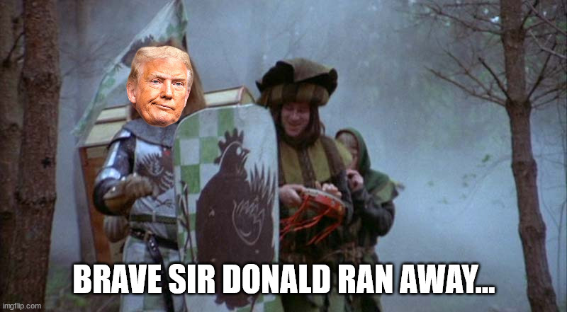 Brave Sir Robin | BRAVE SIR DONALD RAN AWAY... | image tagged in brave sir robin | made w/ Imgflip meme maker