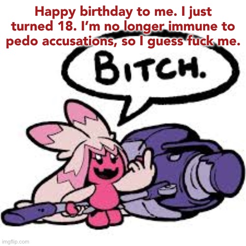 tinkaton bitch | Happy birthday to me. I just turned 18. I’m no longer immune to pedo accusations, so I guess fuck me. | image tagged in tinkaton bitch | made w/ Imgflip meme maker