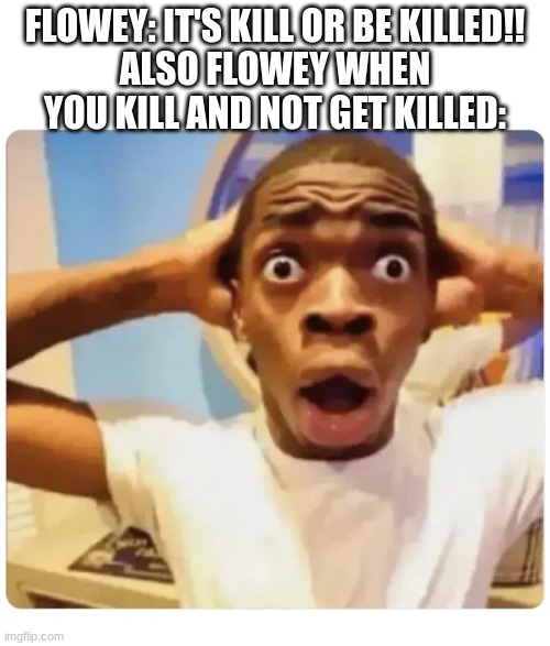 Black guy suprised | FLOWEY: IT'S KILL OR BE KILLED!!
ALSO FLOWEY WHEN YOU KILL AND NOT GET KILLED: | image tagged in black guy suprised,flowey,undertale | made w/ Imgflip meme maker