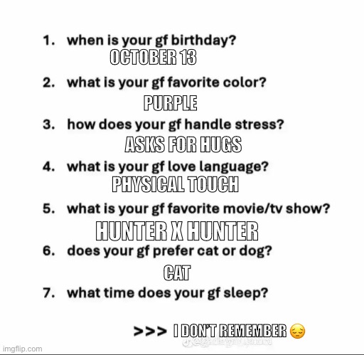 My ex who moved to New York :( | OCTOBER 13; PURPLE; ASKS FOR HUGS; PHYSICAL TOUCH; HUNTER X HUNTER; CAT; I DON’T REMEMBER 😔 | image tagged in girlfriend questions | made w/ Imgflip meme maker