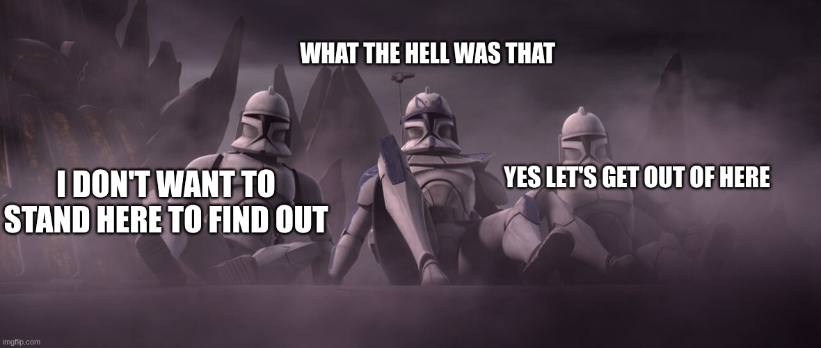 clone troopers | WHAT THE HELL WAS THAT; YES LET'S GET OUT OF HERE; I DON'T WANT TO STAND HERE TO FIND OUT | image tagged in clone troopers | made w/ Imgflip meme maker