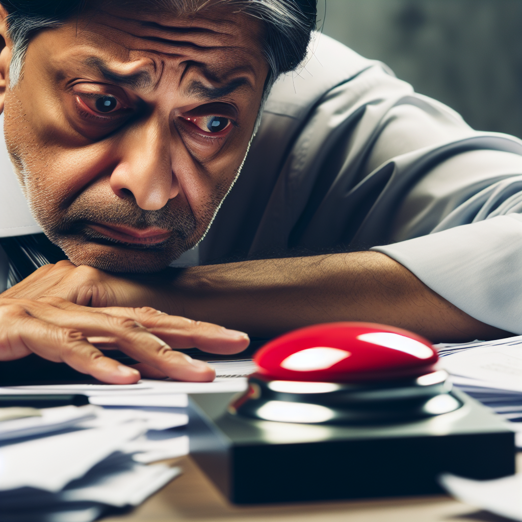 A tired accountant looking discouraged at a big red button Blank Meme Template