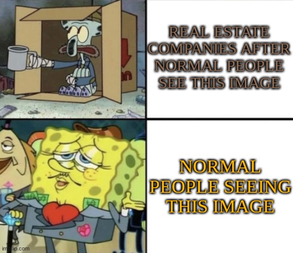 Poor Squidward vs Rich Spongebob | REAL ESTATE COMPANIES AFTER NORMAL PEOPLE SEE THIS IMAGE NORMAL PEOPLE SEEING THIS IMAGE | image tagged in poor squidward vs rich spongebob | made w/ Imgflip meme maker