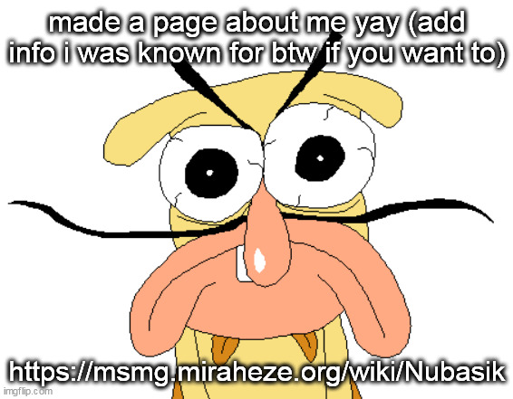 Angry Noise | made a page about me yay (add info i was known for btw if you want to); https://msmg.miraheze.org/wiki/Nubasik | image tagged in angry noise | made w/ Imgflip meme maker