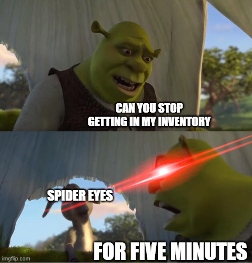 Literally me when fighting mobs in Minecraft | CAN YOU STOP GETTING IN MY INVENTORY; SPIDER EYES; FOR FIVE MINUTES | image tagged in shrek for five minutes | made w/ Imgflip meme maker