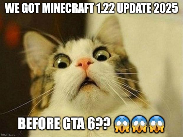 Scared Cat Meme | WE GOT MINECRAFT 1.22 UPDATE 2025 BEFORE GTA 6?? ??? | image tagged in memes,scared cat | made w/ Imgflip meme maker