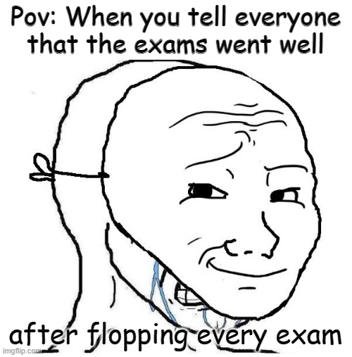 Me when I tell everyone that exams were okay | Pov: When you tell everyone that the exams went well; after flopping every exam | image tagged in crying inside,funny,sad,not funny,student,exams | made w/ Imgflip meme maker