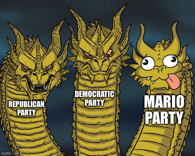 Three-headed Dragon | DEMOCRATIC PARTY; MARIO PARTY; REPUBLICAN PARTY | image tagged in three-headed dragon | made w/ Imgflip meme maker