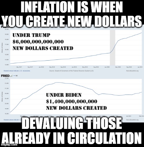 You sound stupid when you say Biden caused inflation | INFLATION IS WHEN YOU CREATE NEW DOLLARS; DEVALUING THOSE
ALREADY IN CIRCULATION | image tagged in inflation,donald trump,haha money printer go brrr | made w/ Imgflip meme maker